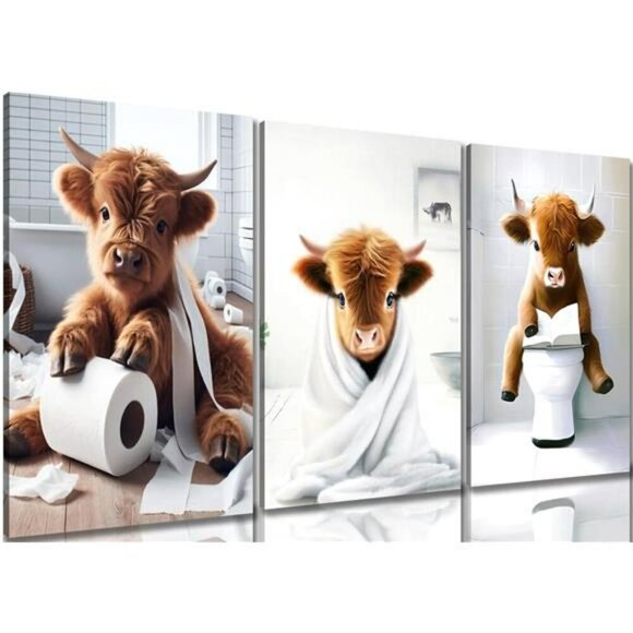 Highland Cow Wall Art Set Framed Funny Bathroom Farmhouse Rustic Decor 12x16 - Picture 1 of 8